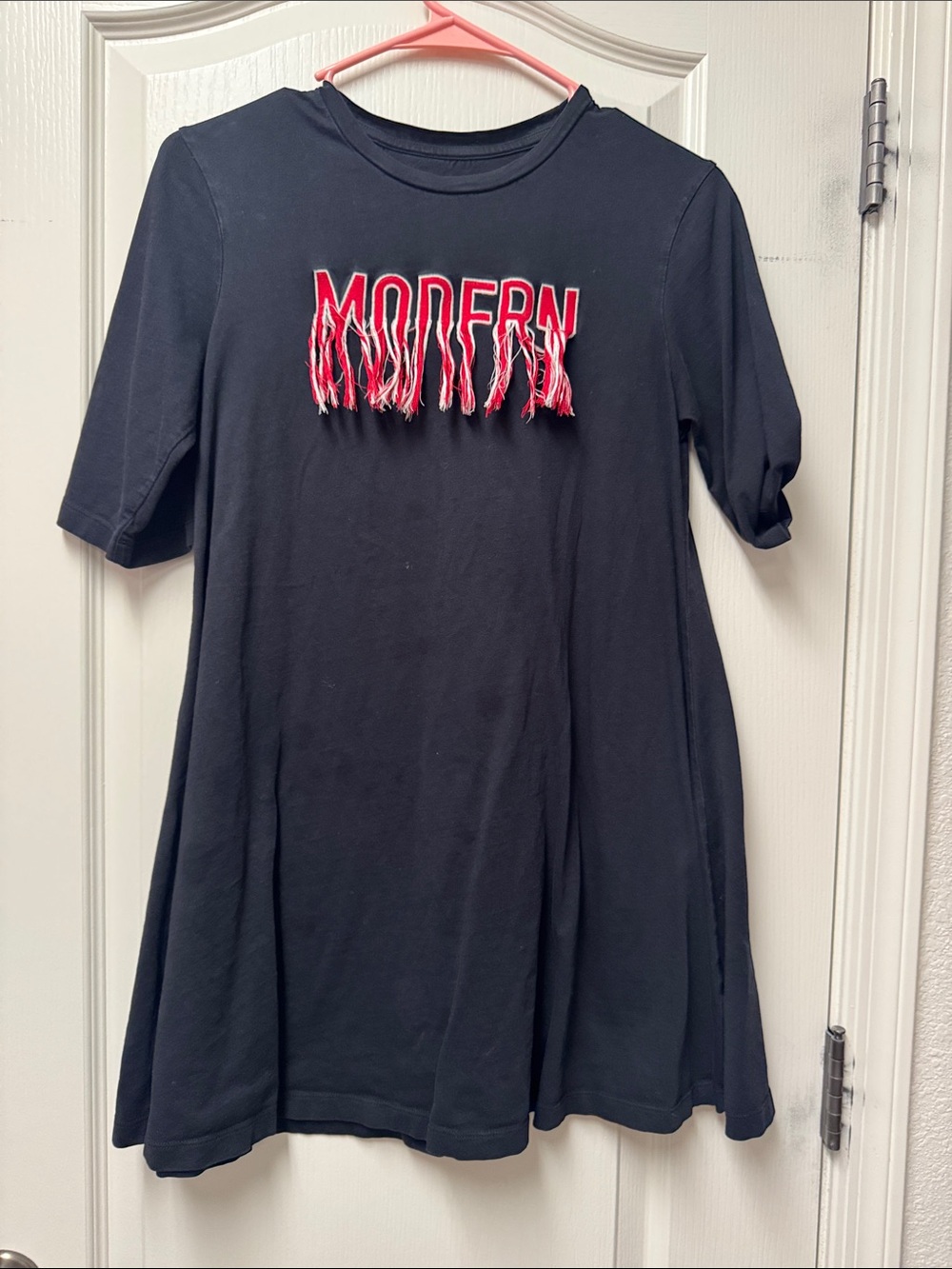 Black Casual T-Shirt Dress with Red 'MODERN' Fringe